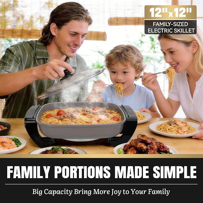 FineMade 12-inch Family Size Electric Skillet with Lid, Ceramic Skillet Electric, Square Skillet, Non Stick Electric Skillet Griddle Pan, PFAS-Free Temperature Control, 1500W, 6 QT, Gray