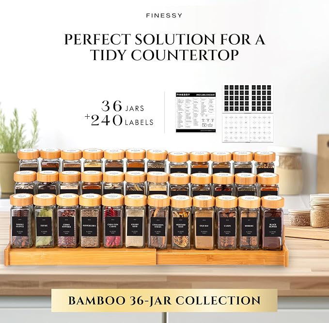 Thick Glass Spice Jars With Bamboo Lids 4 oz, Waterproof Labels, 36 Pack | Empty Spice Bottles With Sift / Pour Shaker Inserts, Airtight Lids And Collapsible Funnel. 200 Pre-Printed Labels, 40 Blanks