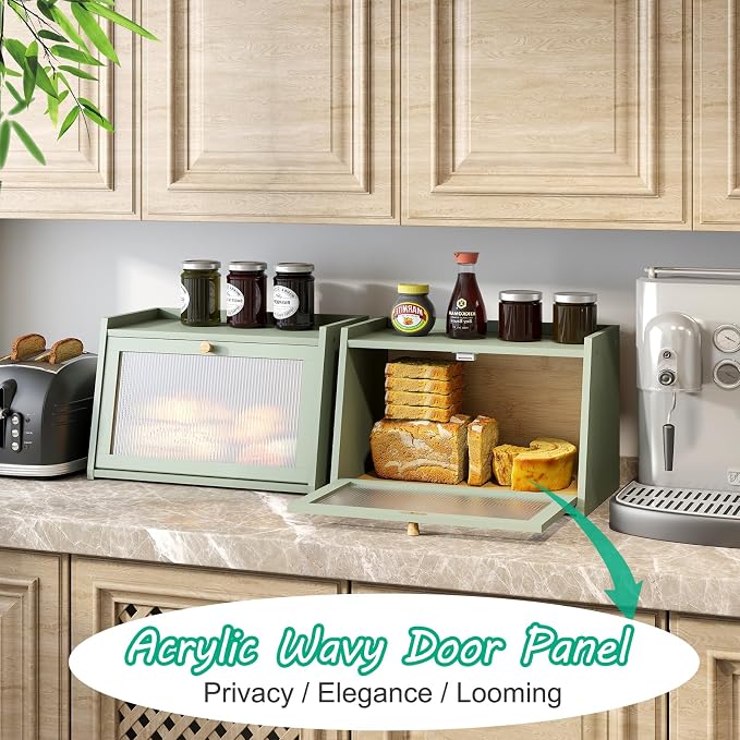 kiplant Green Bread Box for Kitchen Counter, Large Bamboo Bread Storage Container with Wavy Arcylic Door, Bamboo Wooden Farmhouse Bread Box for Your House