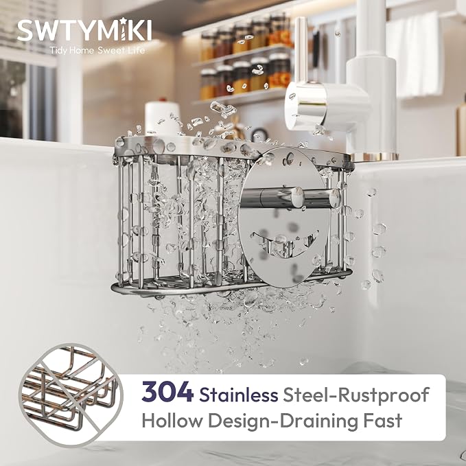 SWTYMIKI Sponge Holder for Kitchen Sink - Movable Sink Caddy with Smiley Face Sponge Holder, Rustproof Hanging Sponge Organizer in Double Bowl Sinks Depth>3.15in, Middle Divider<1.5in, Silver