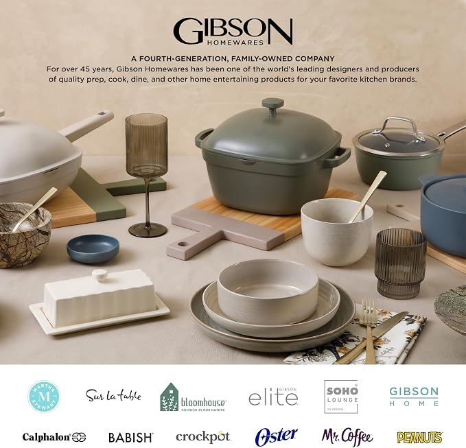 Gibson Elite Sunveil 16 Piece (Service for 4) Plates and Bowls Reactive Glaze Round Dishes Stoneware Ceramic Dinnerware Set - Light Taupe