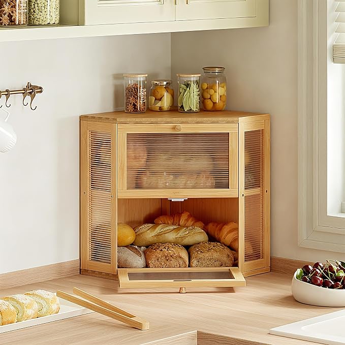 WOWLIVE Double Layer Corner Bread Box for Kitchen Countertop with 2 Doors | Bamboo Bread Storage Container, Large Farmhouse Breadbox with Acrylic Wavy Door, Under Cabinet Organizer, Natural, Medium