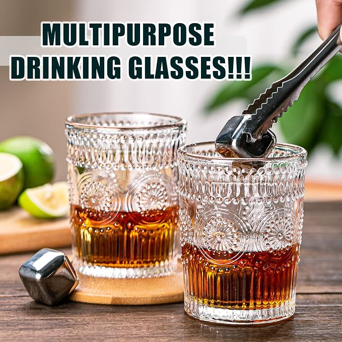 Vintage Drinking Glasses Set of 12, Textured Clear Striped Glass Cups-6 Highball Glasses 13oz & 6 Rocks Glasses 10oz, Ribbed Glassware Set, Mojito Cups, Cocktail Glass, Iced Coffee Cup