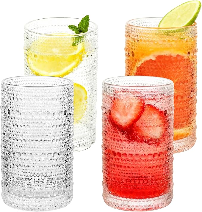 Vintage Hobnail Drinking Glasses Set of 4, 12 Oz Glass Cups with Embossed Retro Design, Clear Glass Tumblers Water Glasses for Kitchen, Cocktail, Beer, Juice, Whiskey, Milk and Everyday Drinks