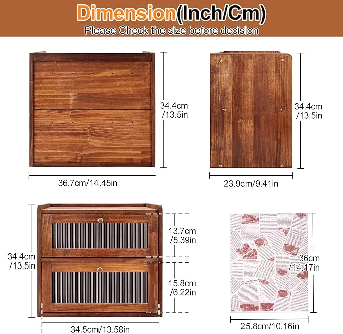 Alpeir Wooden Bread Box for Kitchen Countertop, Large Double Layer, Brown | Food-Safe Pine Wood, Double-Row Ventilation, Strong Acrylic Window, Raised Top Shelf, Easy Care, Farmhouse Corner Container