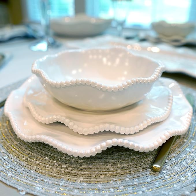 Perlette Off-White Beaded 12-Piece Dinnerware Set – Includes 4 Dinner Plates, 4 Salad Plates, 4 Bowls (7.5" x 2", 22 oz) – Elegant Unbreakable Melamine, Heavyweight, Perfect for Indoor/Outdoor Dining