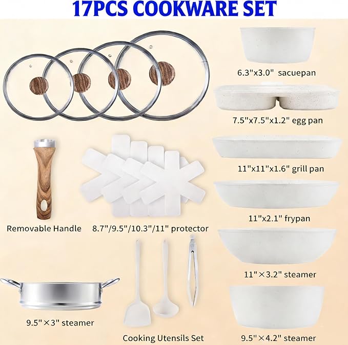 Simple Deluxe 17Pcs Ceramic Cookware Set, Nonstick & Non-Toxic Healthy Pots and Pans, Heat-Resistant Handles, Induction Cookware Sets with Frying Pans, Beige