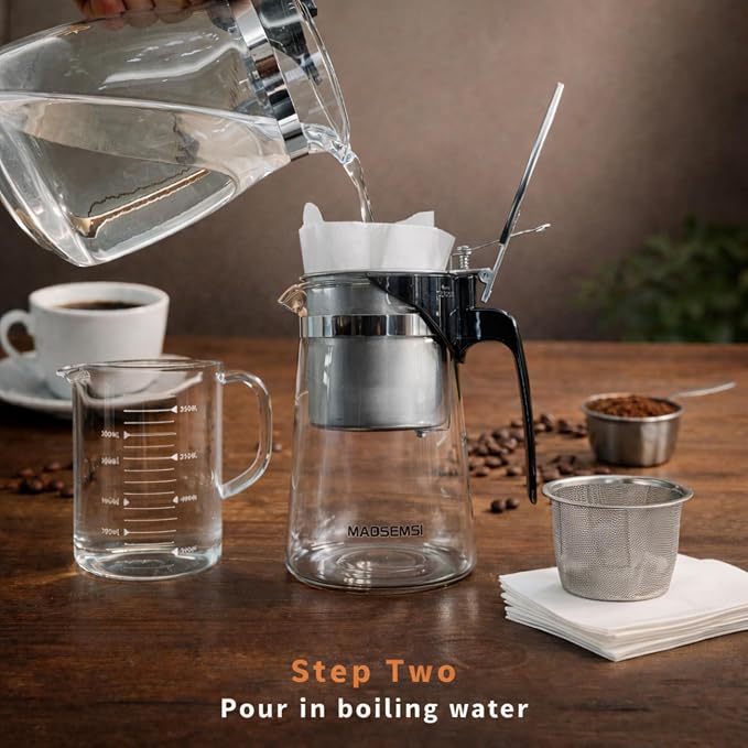 Pour Over Coffee Maker Set, 304 Stainless Steel Coffee Dripper with On/Off Switch, Borosilicate Glass Small Coffee Pot, 50 Filter Papers, Multi-Functional Immersion Drip Cafe Brewer Machine (1, 250ml)