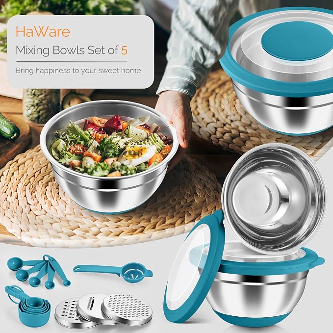 HaWare Mixing Bowls, 24-Piece Stainless Steel Salad Serving Bowl with Airtight Clear Lids, Metal Nesting Bowl For Kitchen Cooking Prepping Storing with 3 Graters, 4.6/2.6/1.5/1/0.7 QT, Teal Blue