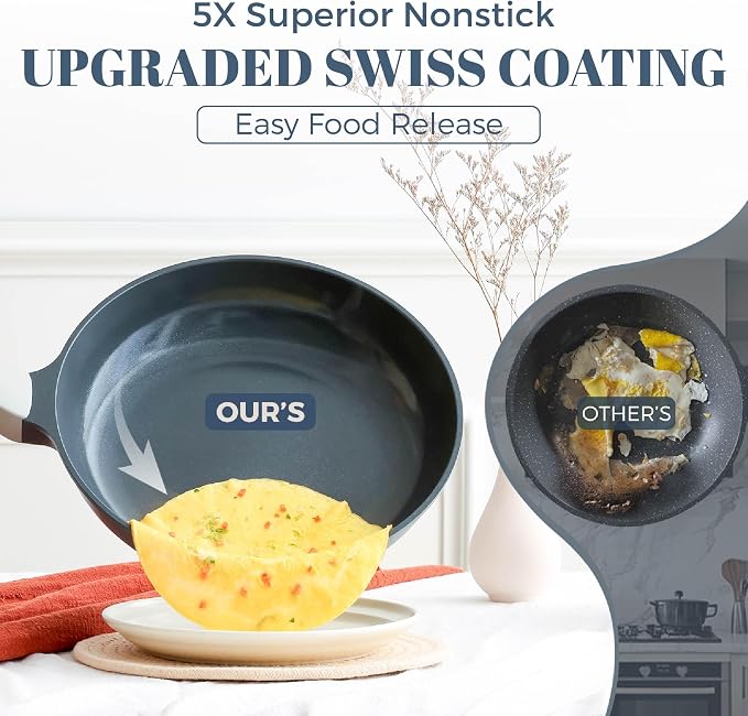 PRICUSIS Ceramic Nonstick Deep Saute Pan with Lid, 10/12 Inch Non Toxic Pans with Double Pour Spout, Helper Handle and Lid, Metal Utennsil Safe, Dishwasher Safe, (12 Inch, Gray)