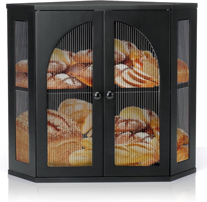 Corner Bread Box for Kitchen Countertop,Double Layer Bread Holder | 3 Adjustable Height, Large Capacity, Magnetic Acrylic Door, Bamboo Bread Storage Container for Homemade Bread, Black