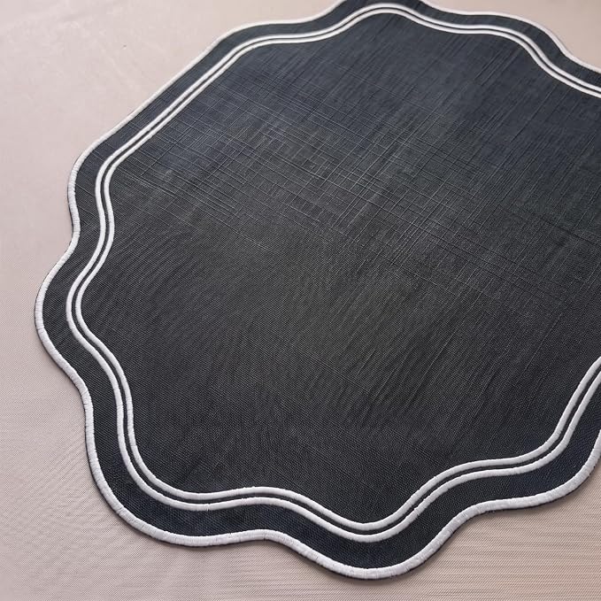 6 Pcs Black Wedding Placemats Scalloped Embroidered Cotton Linen Placemats 17" x 13" Double Layered Machine Washable Table Place Mat for Party Table Decor (White,Cotton)