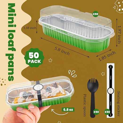 NPLUX Mini Loaf Pans with Lids, 50 Pack Green 6.8oz for Holiday Treats | Suitable for mini breads, tart portions, dips and sweets; works well for made-ahead dessert batches.