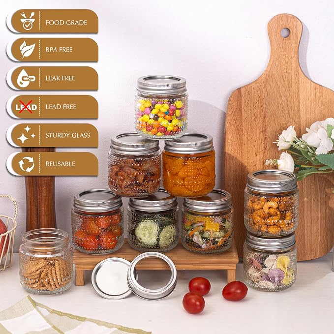 WACOI Mason Jars 8 Oz with Lids 12 Packs, Vintage Half Pint Small Glass Canning Jars with Silver Metal Lids for Storing, Pickling, Honey, Jam, Home Decor, Candle and DIY Crafts