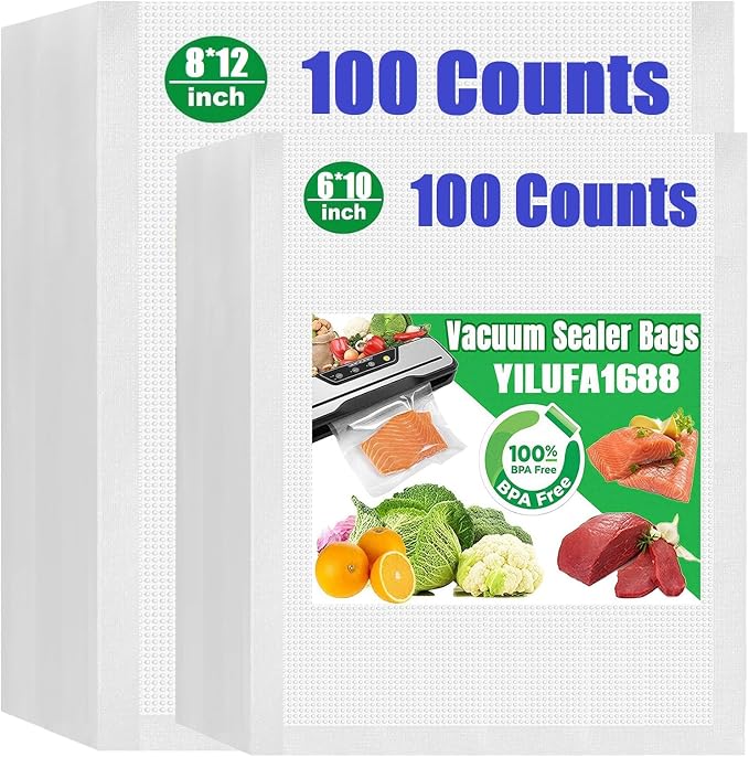 Vacuum Sealer Bags for Food - 200 Pack Precut (8"x12"+6"x10") Vacuum Seal Bags | Commercial Grade BPA-Free | 6X Longer Freshness | Fits All Clamp Machines | For Food Storage, Meal Prep & Sous Vide