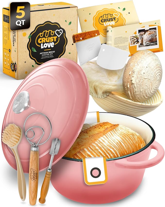 5 QT Cast Iron Bread Oven with Lid for Sourdough Bread Baking Set | Complete sourdough bread baking supplies with banneton, bread sling, scoring lame, dough whisk, scraper & clear instructions