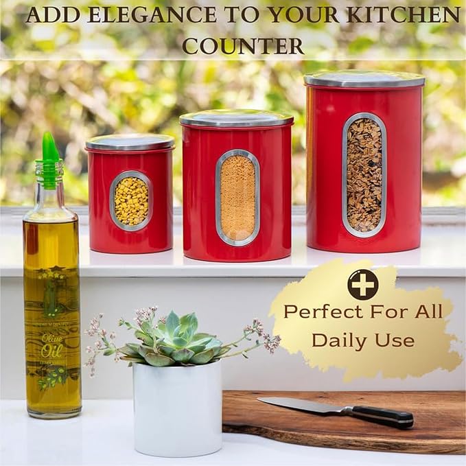 Mixpresso 3-Pcs Red Canisters Set for Kitchen Storage Airtight Jars | See-through window, coffee container, tea organizer, sugar canister, 3 nesting sizes, counter decor, easy press-on lids