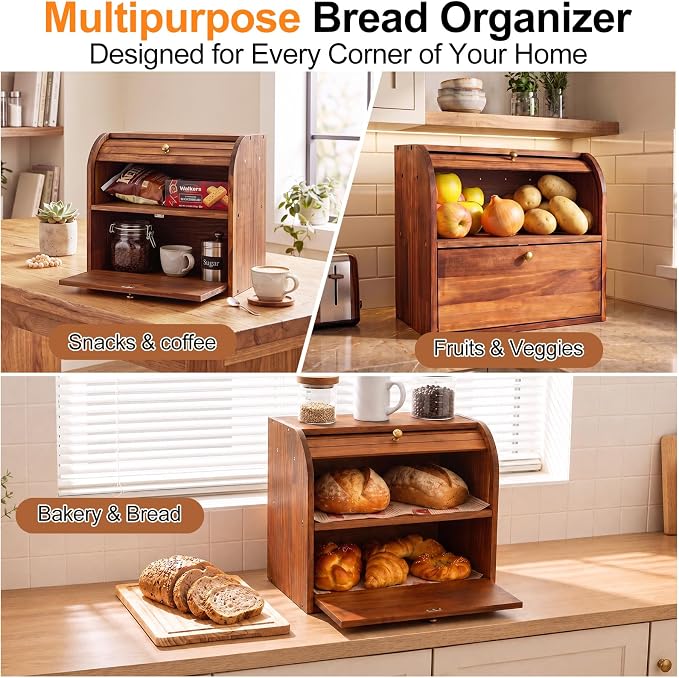 Alpeir Roll Top Bread Box with Cutting Board for Kitchen Countertop, Brown | Large Breadbox with Ventilation Holes, Double Layer Pantry Shelf, Wooden Homemade Bread Storage Container, Vintage Farmhouse