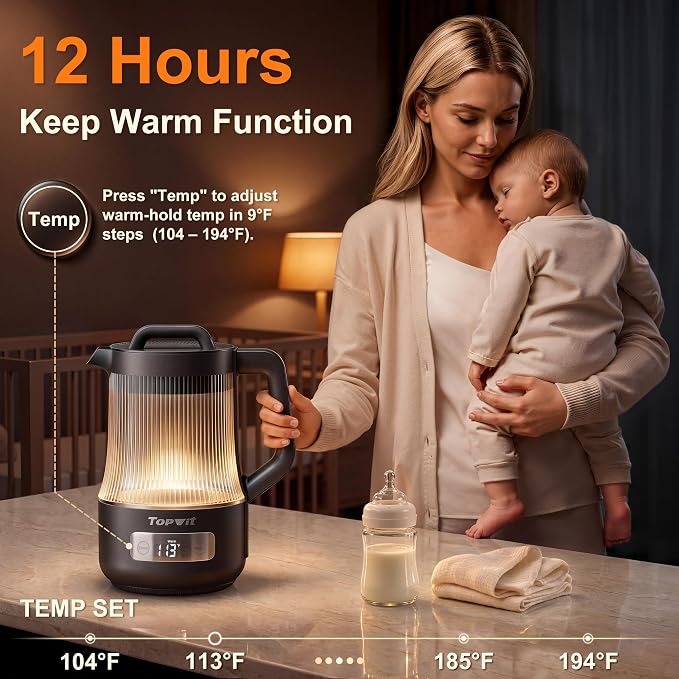 TOPWIT 1.6L Smart Glass Electric Kettle with Temperature Control ±9℉ | Removable Stainless Steel Tea Infuser, Digital Touchscreen, 12 Hours Keep Warm, Auto Shut-Off, Ideal For Family Use, Grey