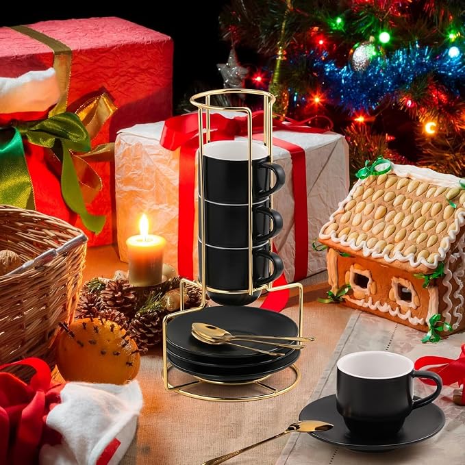 Lareina Porcelain 3-Ounce Espresso Cups Set of 6, Small Stackable Coffee Cups with Saucers, Spoons and Metal Stand - Ceramic Demitasse Mugs, Double Shots Expresso Cup, Matte Black