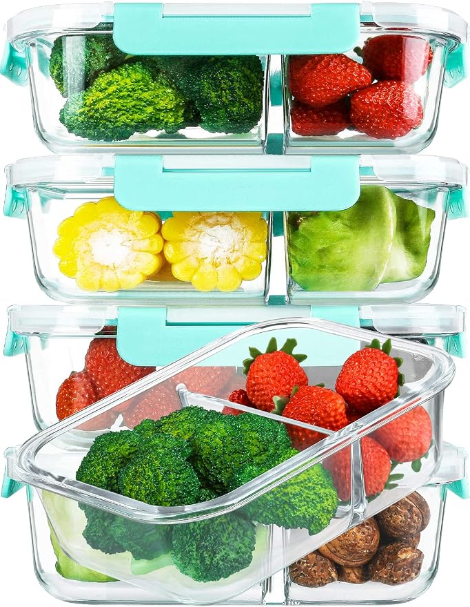 M MCIRCO 5 Pack,36 oz, 2 Compartments Glass Meal Prep Containers with Lids | Divided Glass Food Storage Containers, Portion Control Lunch Containers, Microwave, Oven, Freezer, Dishwasher, Green