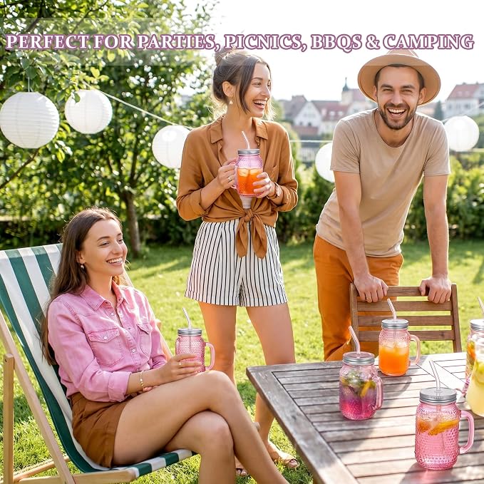 DaYammi 6 Pack 24oz Hobnail Mason Jars Cups Drinking Glass Cups with Lids & Straws, Pink Wide Mouth Mason Jars Cups with Handle, Tumblers for Coffee Smoothies, Iced Tea, Juice, Beer, Cocktail, Whiskey