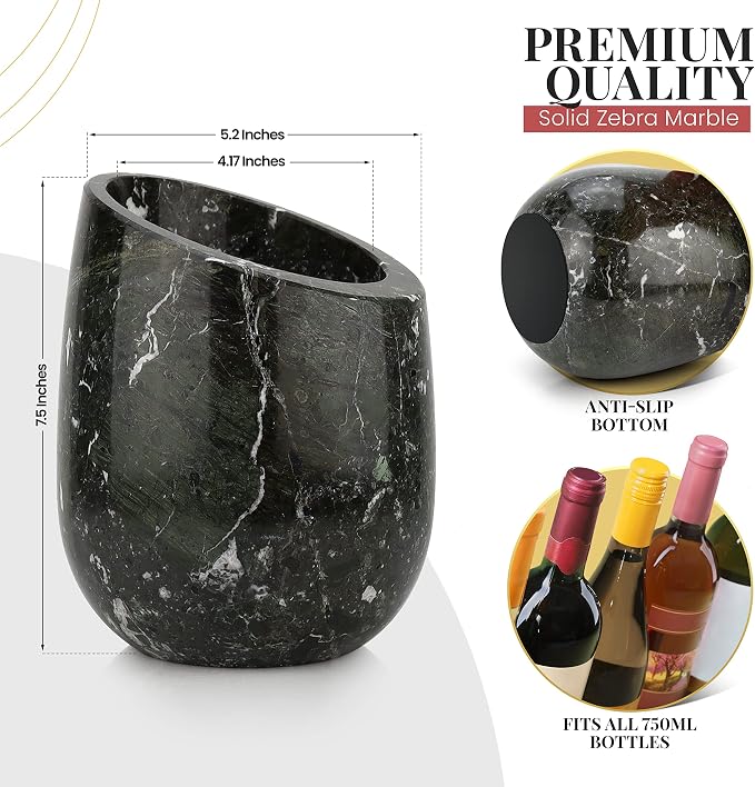 Gusto Nostro Marble Wine Chiller Bucket - 750ml Wine Bottle Cooler and Champagne Chiller for Party, Kitchen, Bar Cart Decor to Chill & Keep Bottles Cold with Unique Wine Lovers Gift Box (Black Zebra)