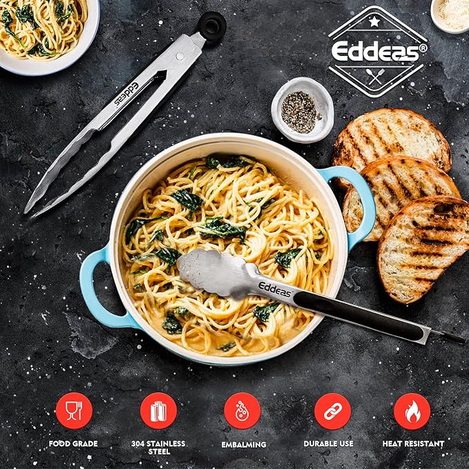 Eddeas Small Tongs For Cooking, Mini 7 inch Kitchen Tongs -Heat Resistant 600 Degrees Stainless Steel and Non-Slip handle - Perfect for Cooking, Salad, Pasta, Steaks, Vegetables,Dishwasher safe