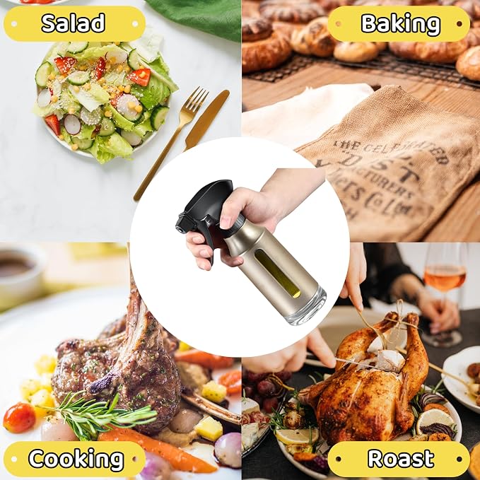 Oil Sprayer for Cooking, Olive Oil Sprayer, 180ml Oil Spray Bottle for BBQ, Roasting, Salad, Kitchen Gadgets Accessories for Air Fryer. Thick Glass, Fan mist, Strong Spray Force. (Classic, Gold)