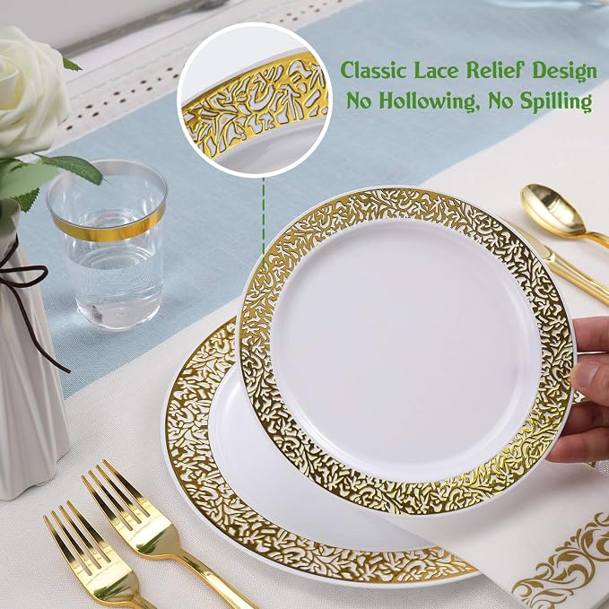 FOCUSLINE 350 Ct Gold Dinnerware Set for 50 Guests, Gold Lace Plastic Plates Disposable Heavy Duty, Including 50 Dinner & Dessert Plates, Cups, Napkins, Cutlery Set