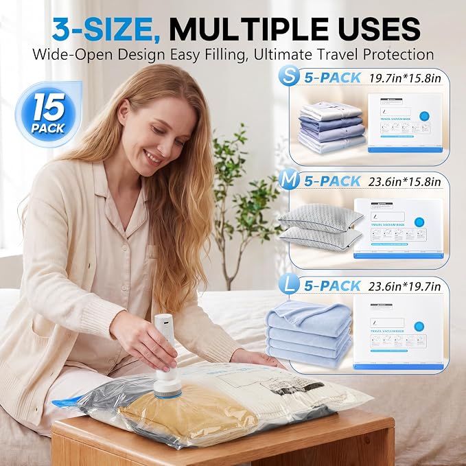 15 Pack Vacuum Storage Bags for Travel with Rechargeable Cordless Pump, Space Saver Bags for Clothes, Compression Packing Bags for Luggage and Suitcase,Blue