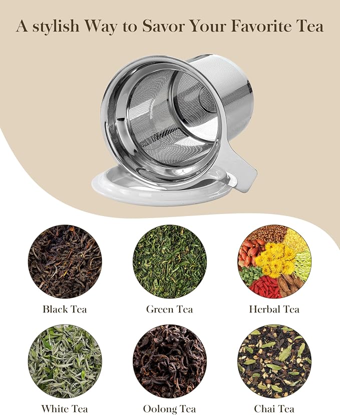 MALACASA Ceramic Tea Mug with Lid and Stainless Steel Infuser, 18 oz Large Tea Cup for Loose Leaf Tea, Heat-Resistant, Microwave & Dishwasher Safe, Speckled Glaze Coffee & Tea Brewer Mug, Khaki Gray