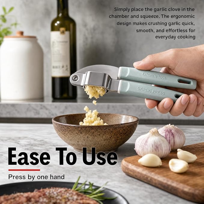Garlic Press Stainless Steel, Easy-Squeeze Garlic Mincer with Ergonomic Handle, No Need to Peel, Large Capacity Crusher, Heavy Duty, Rustproof & Dishwasher Safe