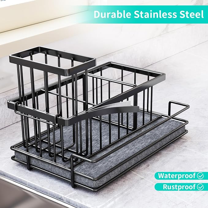 HapiRm Sink Caddy Sponge Holder - Kitchen Sink Organizer with Instant Drying Stone and Brush Holder, Stainless Steel Bathroom Counter Organizer - Black