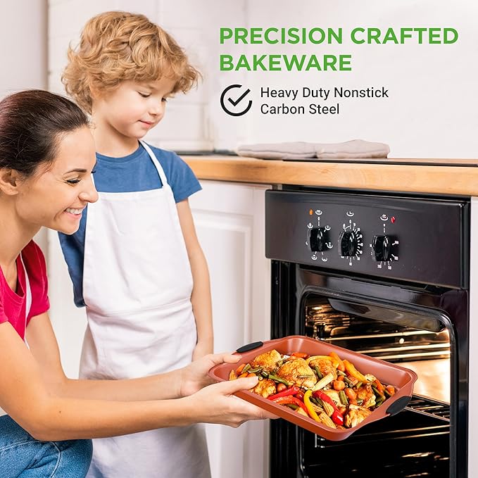 NutriChef 10 Pc Baking Pans Set Nonstick, Cookie Sheet and Pizza Pans | 10 piece set, carbon steel, includes cookie sheets, nonstick, stackable, silicone handles, warp resistant, roasting