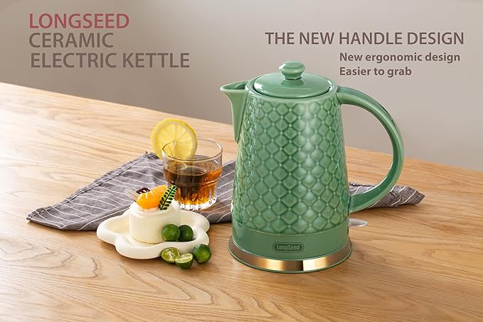 1.5L Ceramic Electric Kettle, 1200W Fast Boil Retro Tea Pot with LED Light, BPA-Free Porcelain Cordless Water Boiler, Auto Shut-Off & Boil-Dry Protection, Green Relief Carving