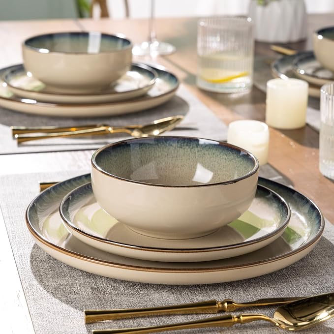 GBHOME Dinnerware Sets for 8, 32 Pieces Ceramic Plates and Bowls Set | Scratch Resistant Stoneware Dishes Set, Dishwasher & Microwave Safe, Reactive Glaze-Pale Khaki