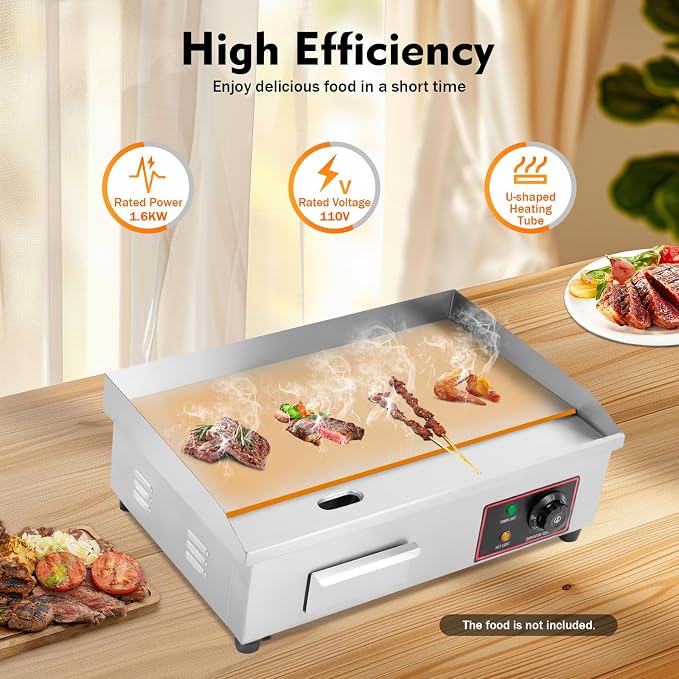 Commercial Electric Griddle 22" 110V 1600W, Stainless Steel Countertop Flat Top Grill, Electric Hot Plate BBQ Griddle, Tabletop Design, Temperature Control 50-300℃, for Restaurant Home