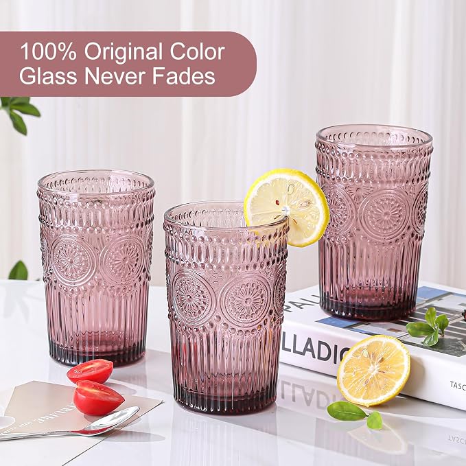 ZMOWIPDL Drinking Glasses Set of 6,13oz Flower Design Purple Glass Cups | Vintage Glassware,Textured Tumblers,Embossed Striped Drinkware for Water,Cocktails,Juice,Iced Coffee