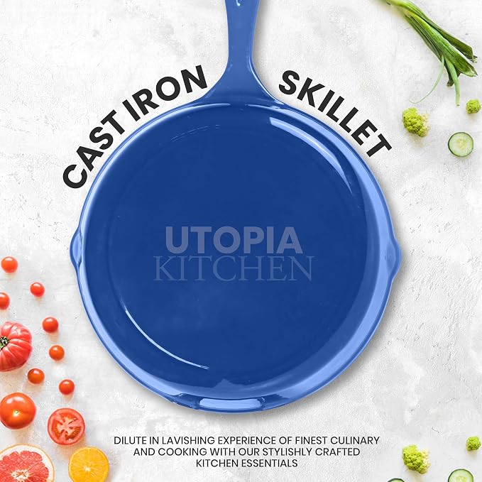 Utopia Kitchen Cast Iron Skillet Set 3 Piece 6 8 10 Inch PFAS-Free Blue | Chef Pan, Even Heat Distribution, Stovetop, Campfire and Grill Safe, Large Skillet Set, Indoor Outdoor Use