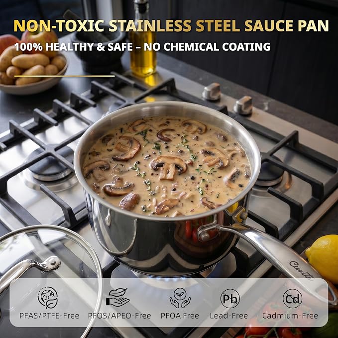Ciwete 2 Qt Stainless Steel Saucepan with Glass Strainer Lid, 2 Quart Pot Stainless Steel Sauce Pan with Pour Spout, Mirror Polishing, Compatible with All Cooktops Dishwasher Safe Oven Safe