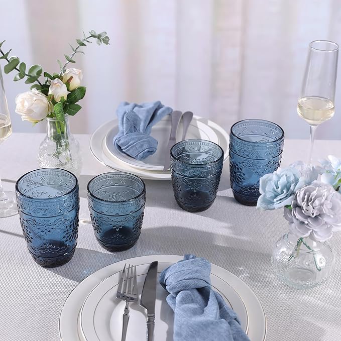 abrwyy Blue Drinking Glasses, Blue Glassware, 14oz Vintage Drinking Glasses | Lead-Free Glass, Thick&Durable Glass, Home Decoration, Drinking Glasses Set of 6