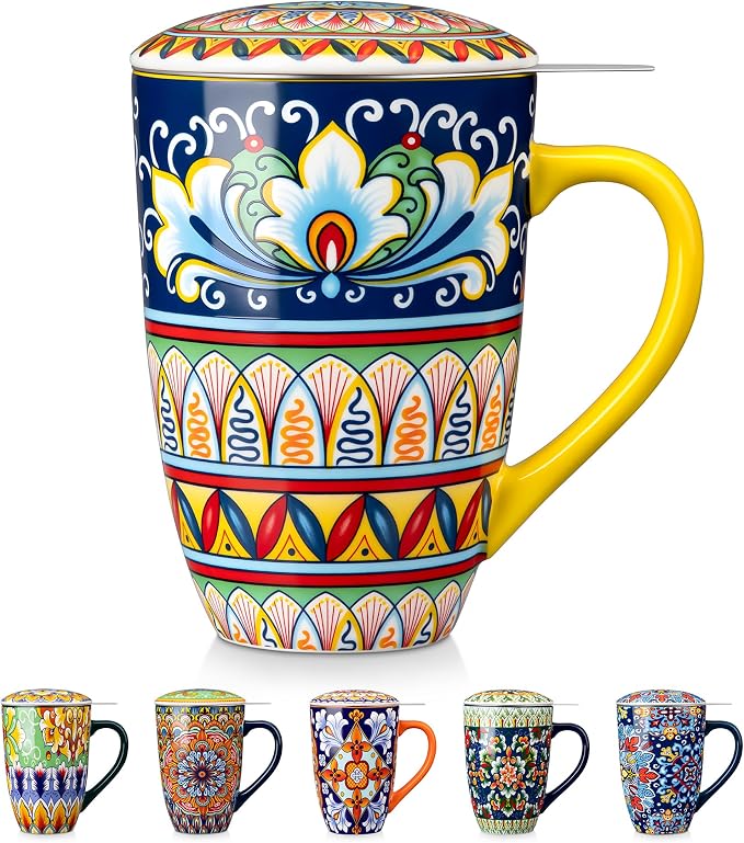 vancasso Ceramic Tea Mug with Infuser and Lid, 18 Ounce Bohemian Loose Leaf Cup, Microwave & Dishwasher Safe, Perfect for Tea, Coffee, Beige-Mustard Tribe