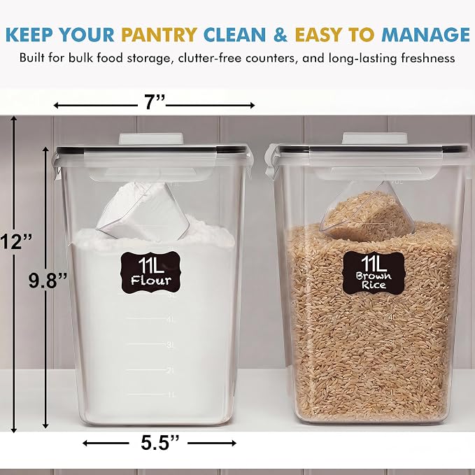 Shazo 2 PC (11L | 372 oz) Flour Sugar Storage Containers with Spout Lid & Easy Carry Handle - BPA Free Extra Large Airtight Food Storage Containers with Lids - Rice Canisters Sets for Kitchen & Pantry