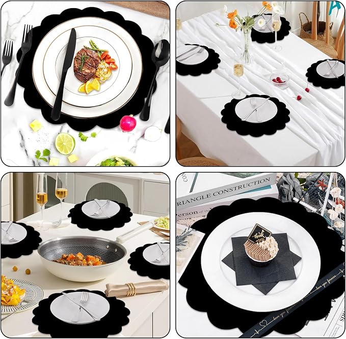50 Pcs Black Paper Placemats Disposable, 13.5 Inch Disposable Scalloped Placemat for Birthday Wedding Baby Shower Banquet Tea Party