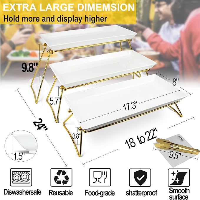 ECOIOU Extra Large 3 Tier Serving Tray, 24 x22 x 9.8 Inch Melamine Tiered Tray Stand and Platters for Party Buffet Entertaining, White and Gold | Melamine Tiered Tray Stand and Platters for Party Buffet Entertaining, White and Gold