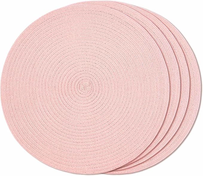 FunWheat Round Braided Placemats Set of 4 Place mats for Dining Tables Woven Heat Resistant Table Mats 15 inch (Pink,4pcs)