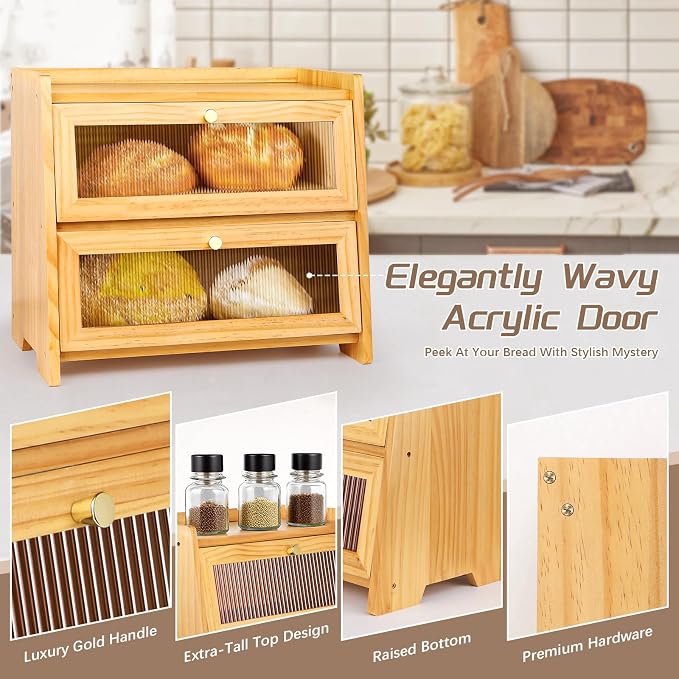 VEDALIO Bread Box For Kitchen Countertop, Corner Breadbox, Bread Boxes for Kitchen Counter Organizer Decor Storage, Wooden Storage Box Breadbox, Housewarming Birthday Wedding Christmas Gift