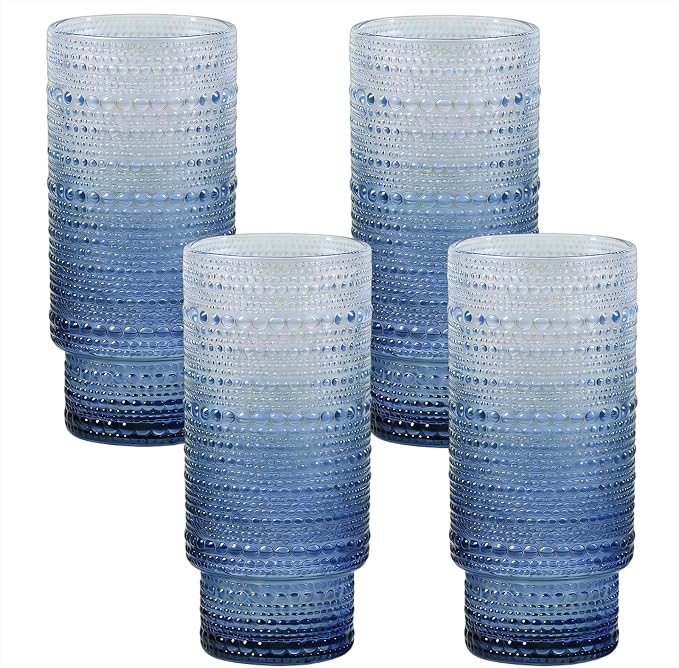 Large Capacity 16 oz Hobnail Drinking Glasses Set of 4, Vintage Glassware Drinking Glasses, Gray-blue Water Glasses Tumbler, Cups for Kitchen, Juice, Beer, Cocktail, Whiskey