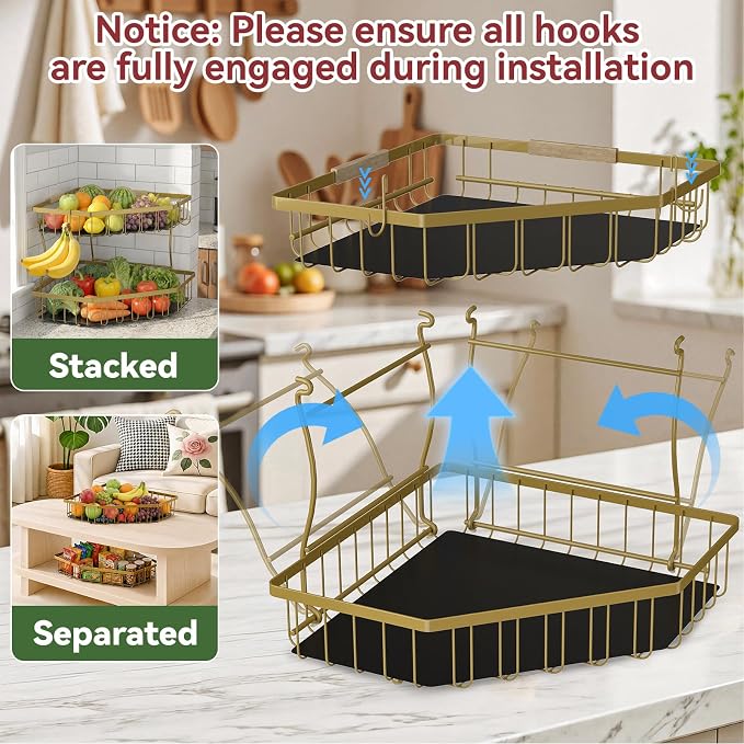2 Tier Fruit Basket for Kitchen Counter with 2 Banana Hangers for Corner | Detachable Metal Fruit Bowl with Wooden Handle, Large Capacity Fruit Stand for Bread Fruit and Vegetable Storage, Gold